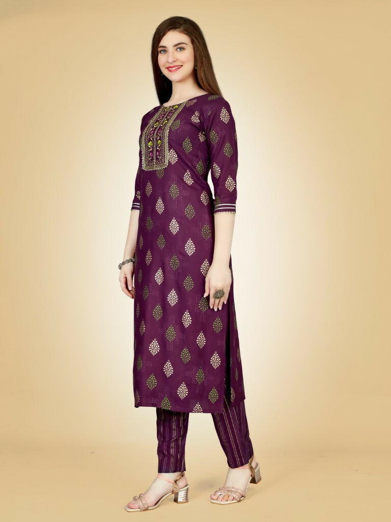 Jyoti Fashion Women's Wine Viscose Rayon Embroidered Kurta Pant Set | Swadesiicart