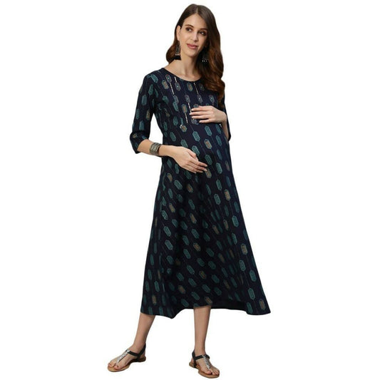 Anubhutee Women's Rayon Knee-Length Ethnic Motifs Maternity A-Line Navy Blue Midi Dress | Swadesiicart