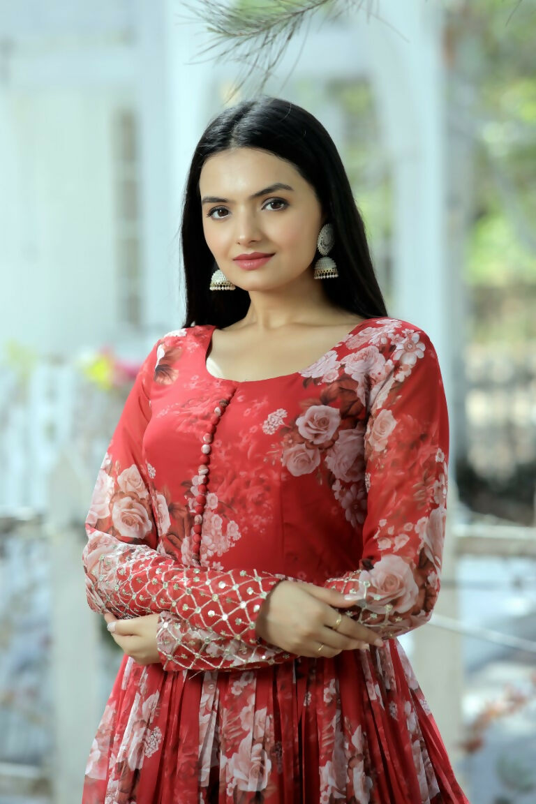 Jyoti Fashion Women's Red Sequence Zari Embroidered Faux Georgette Anarkali Dress | Swadesiicart