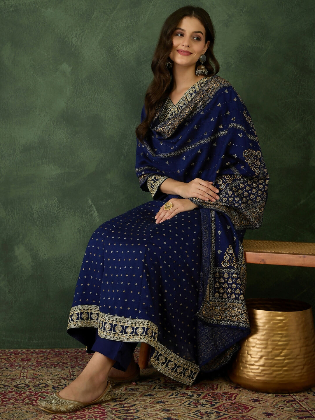 The52 Blue Women's Gorgeous Embroidered Work Vichitra Silk Fabric Flared Kurta Pant and Dupatta Set - Swadesiicart