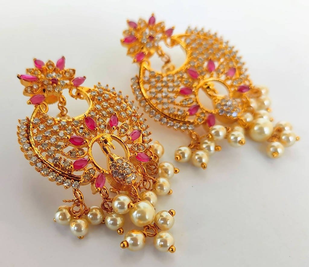 AD Ruby Designer Hanging Pearls Earrings | Swadesiicart