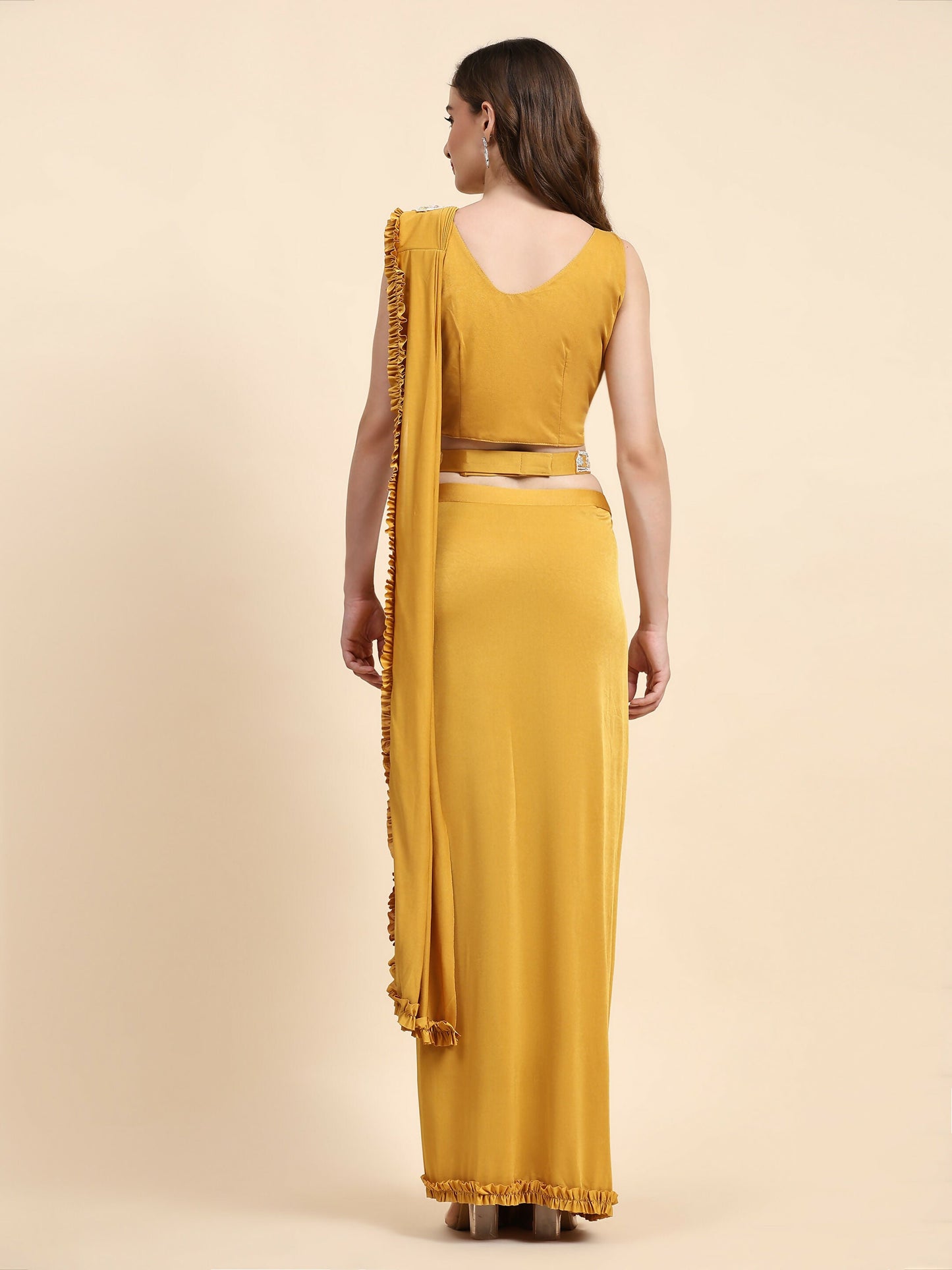 Yellow Lycra Solid Ready to wear Saree with stitched Blouse - Vanita | Swadesiicart