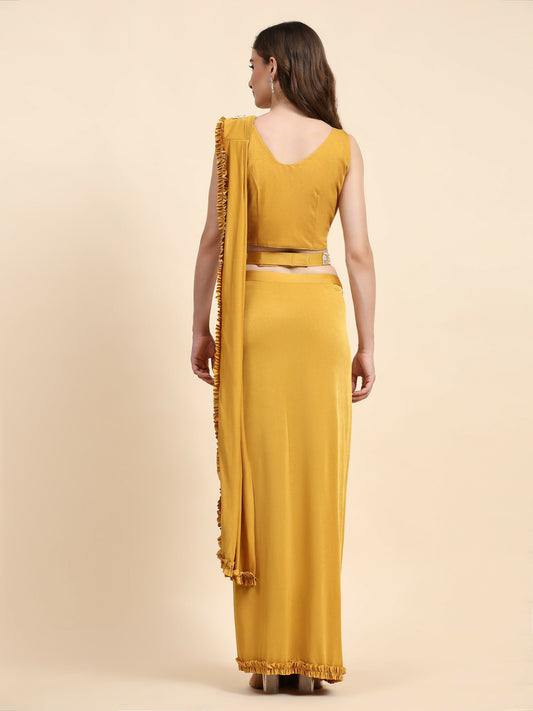 Yellow Lycra Solid Ready to wear Saree with stitched Blouse - Vanita | Swadesiicart