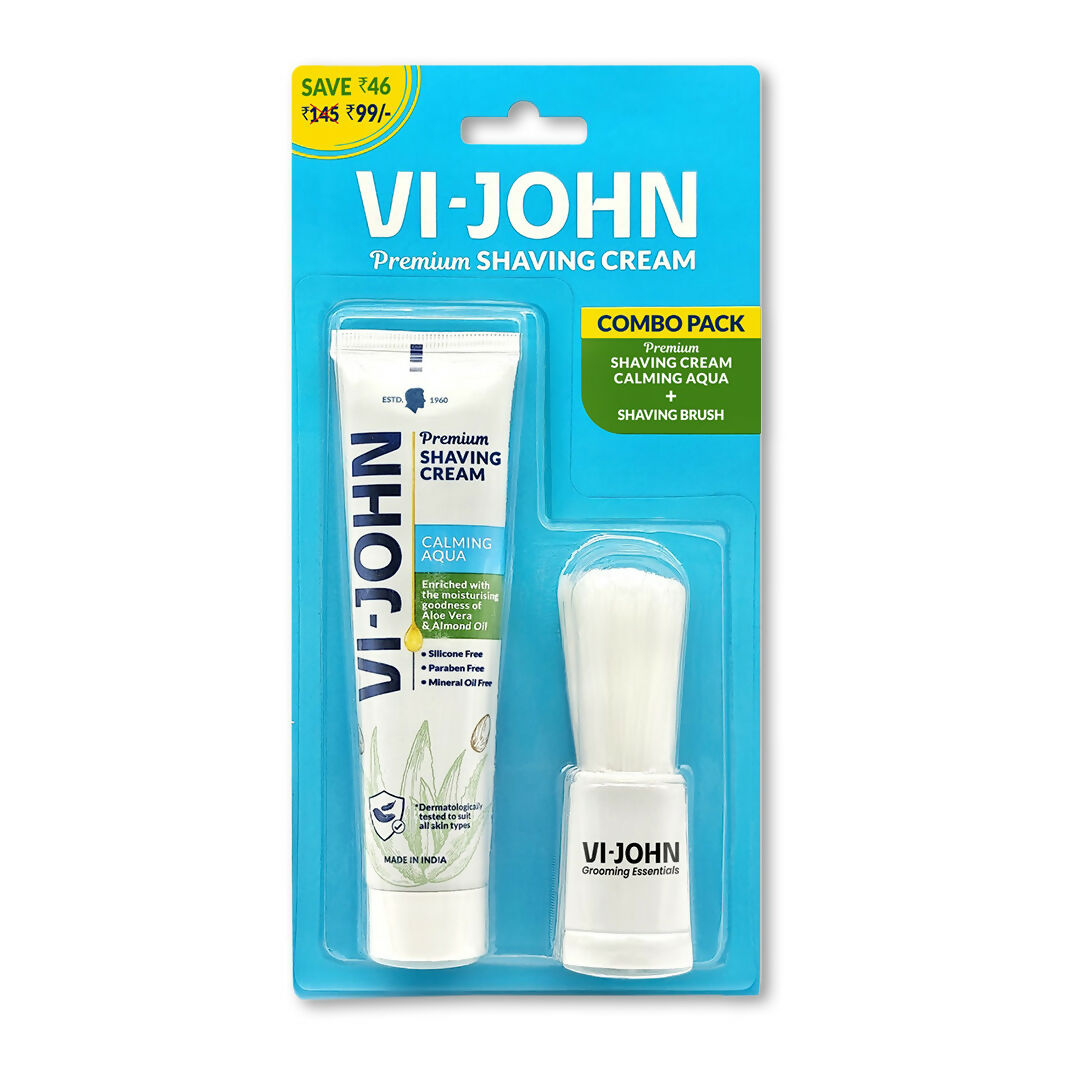 VI-JOHN Dermatologically Tested Premium Purifying Charcoal Shaving Cream With Shaving Brush Enriched with Aloevera & Jojoba Oil Free From Silicone, Paraben & Mineral Oil | Swadesiicart