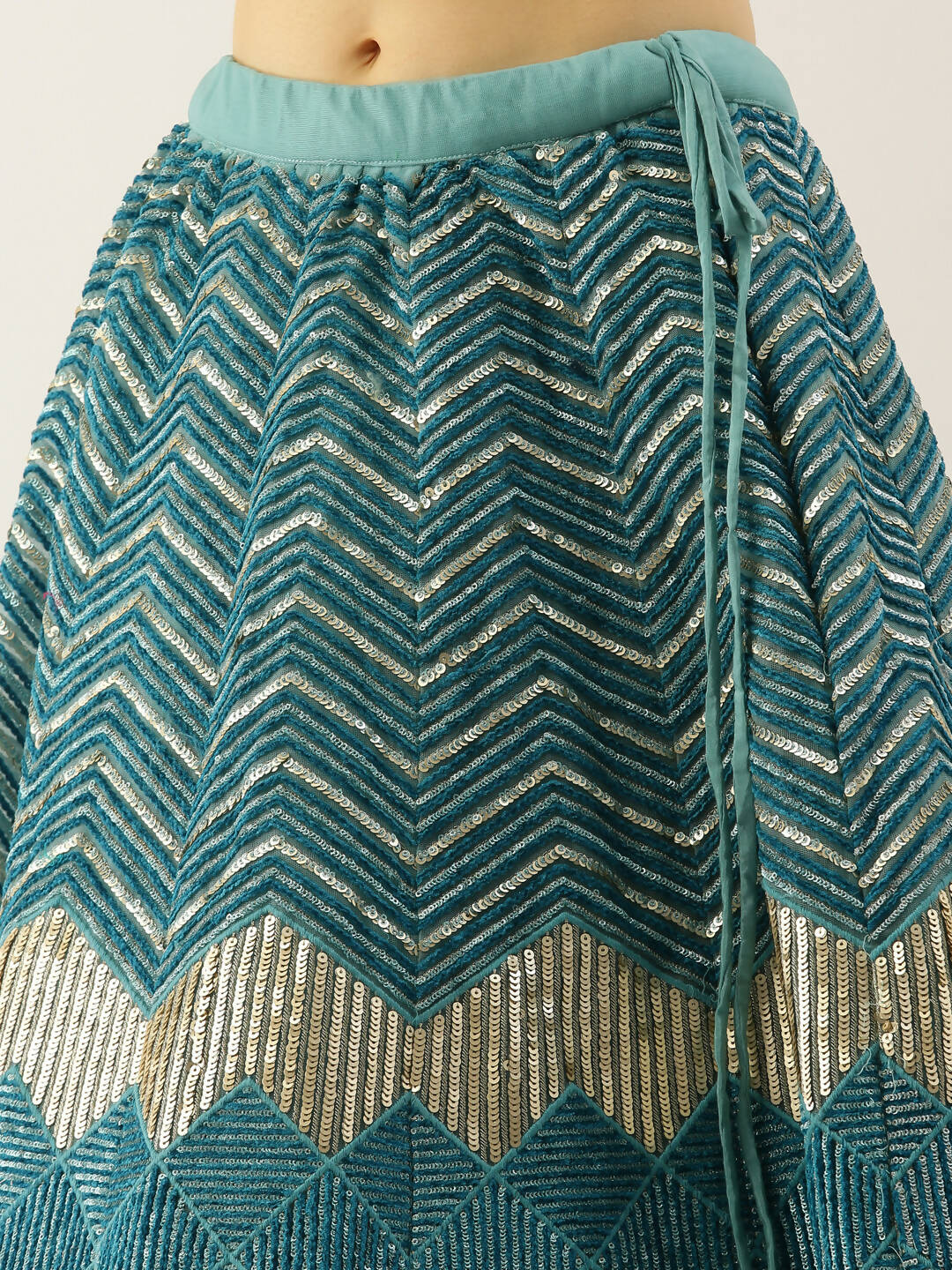 House of Panchhi Women Sea Green Net Zig-Zag Embroideried Lehenga, Blouse & Dupatta | Swadesiicart