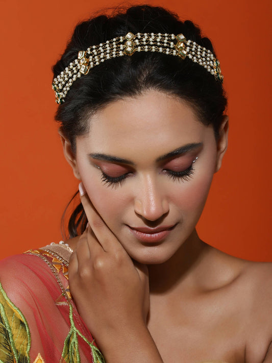 Gold-Polished White Kundan-Studded Pearl Head Chains - Ruby Raang | Swadesiicart