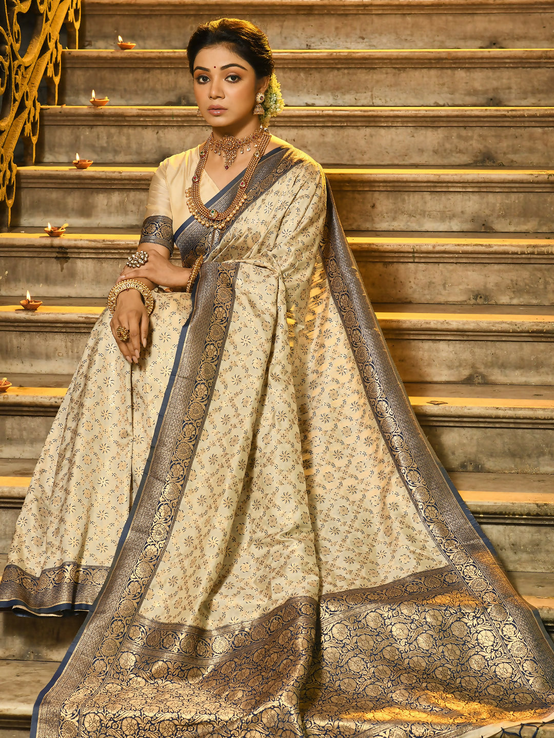 Astita Rajvastra Navy Blue Banarasi Silk Saree | Swadesiicart