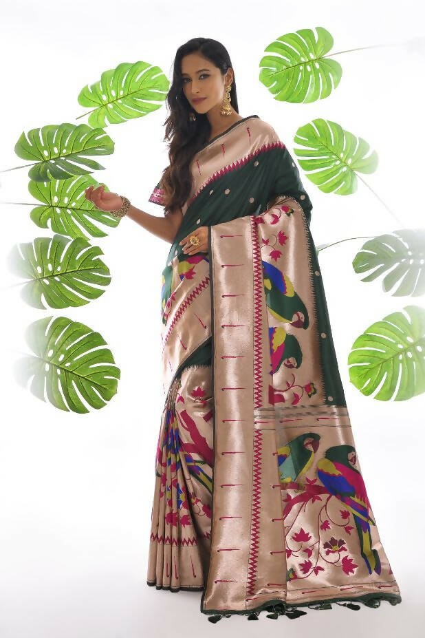 Vishnu Weaves Women's Bottle Green Paithani Silk Zari Woven Saree with Unstitched Blouse - Swadesiicart