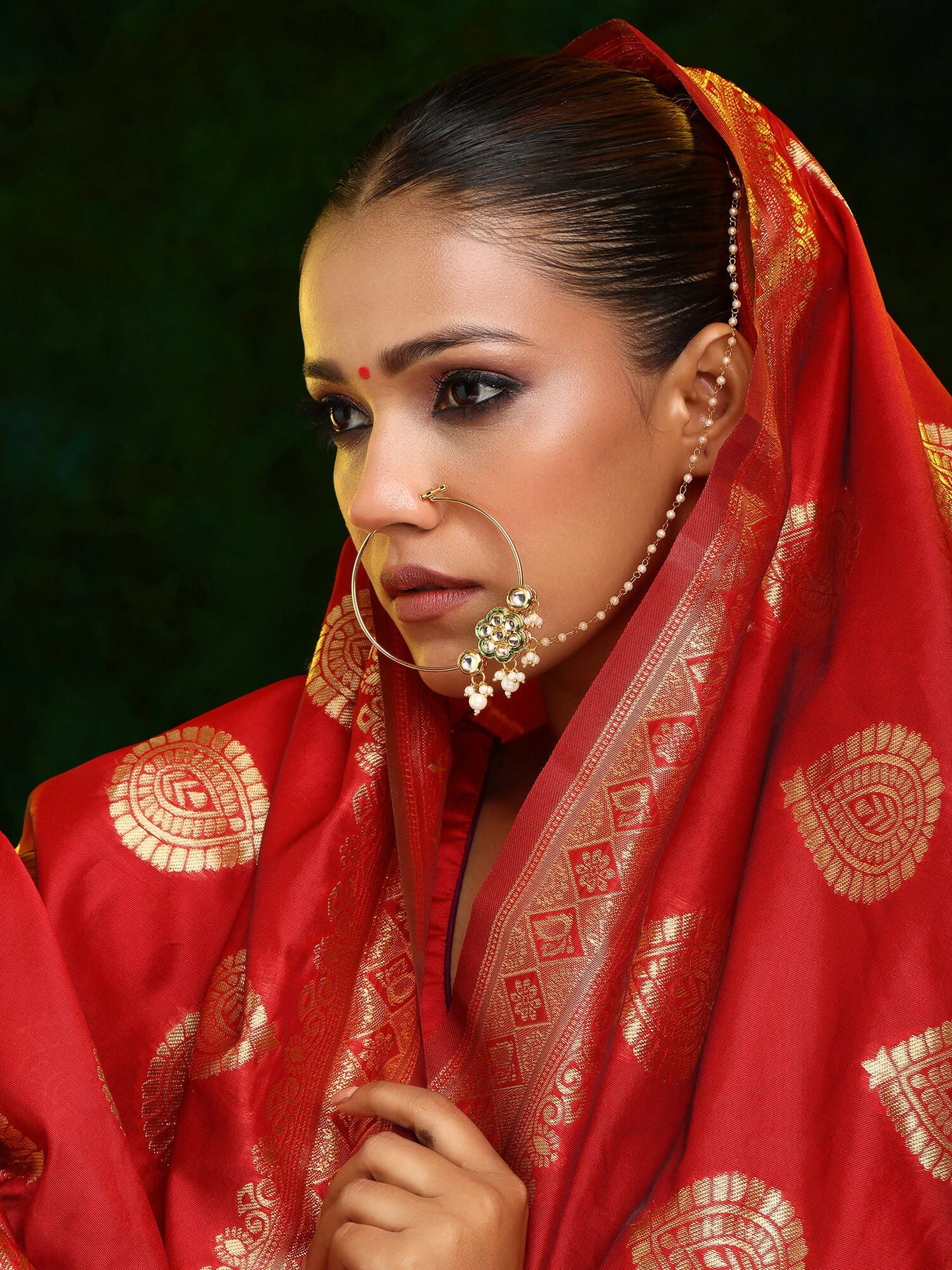 Ruby Raang 22k Gold Polished Kundan Maharani Nose Ring (Clip On) | Swadesiicart