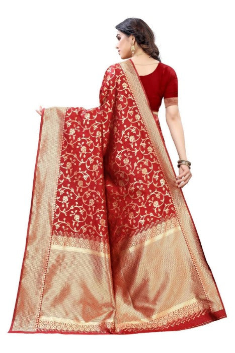 Vamika Banarasi Jacquard Weaving Red Saree (PARINITI RED) | Swadesiicart