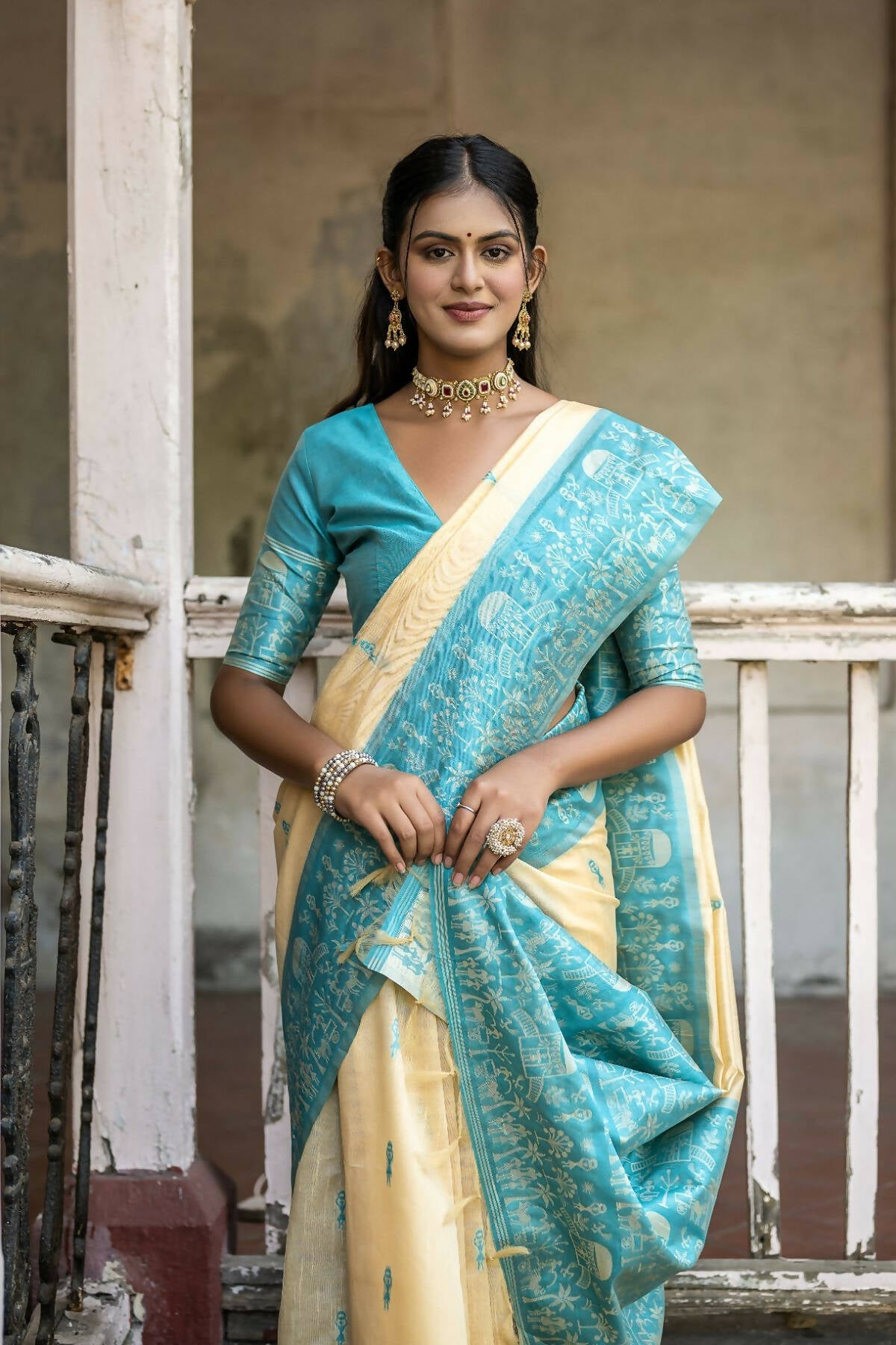 Vishnu Weaves Women's Firozi Handloom Raw Silk Woven Saree with Blouse - Swadesiicart