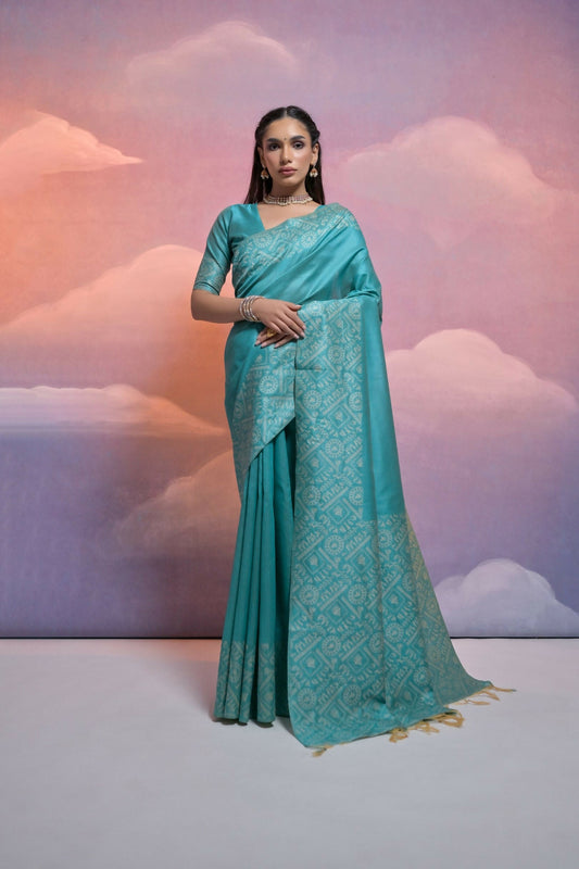 Vishnu Weaves Women's Firozi Handloom Raw Silk Woven Border Saree with Blouse - Swadesiicart