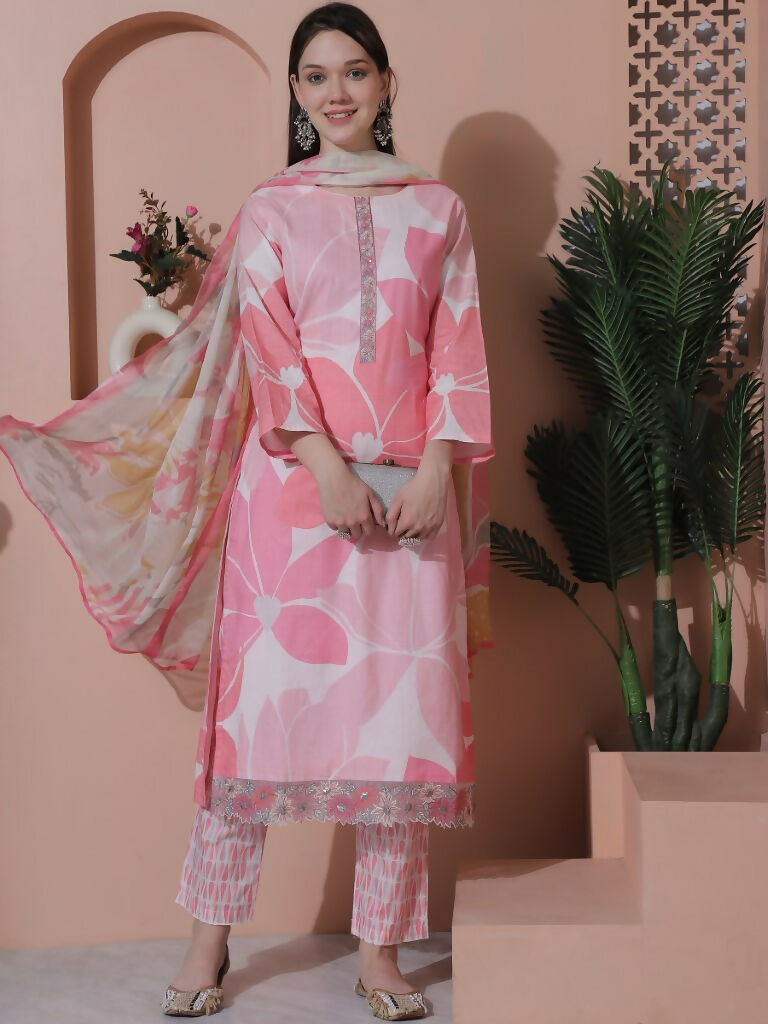 Jyoti Fashion Women's Pink Cotton Floral Digital Print & Floral Embroidered Cutwork Border Sequins Work Kurta with Trouser & Dupatta | Swadesiicart