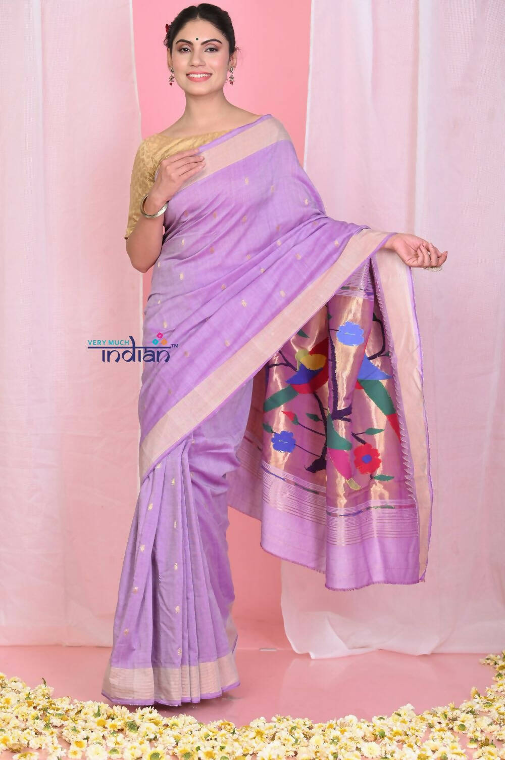 Very Much Indian Handloom Pure Cotton Paithani With Handwoven Pallu -Lilac | Swadesiicart