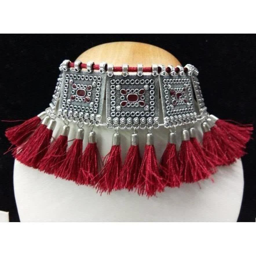 MS Fashion India Modern Threaded Oxidized Maroon and Silver Necklace | Swadesiicart