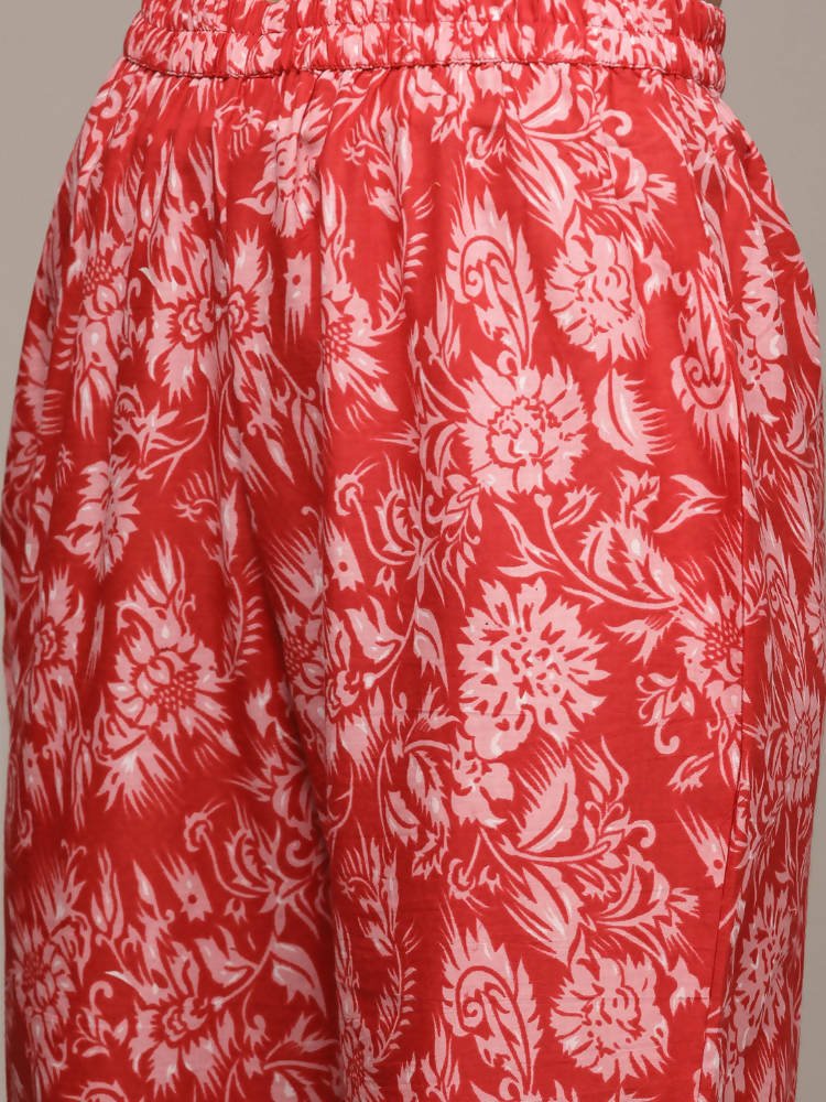 Anubhutee Red Floral Printed Pure Cotton Kurta with Trousers & With Dupatta | Swadesiicart