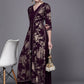Ahalyaa Women Burgundy Floral Fit & Flare Maxi Ethnic Dress | Swadesiicart
