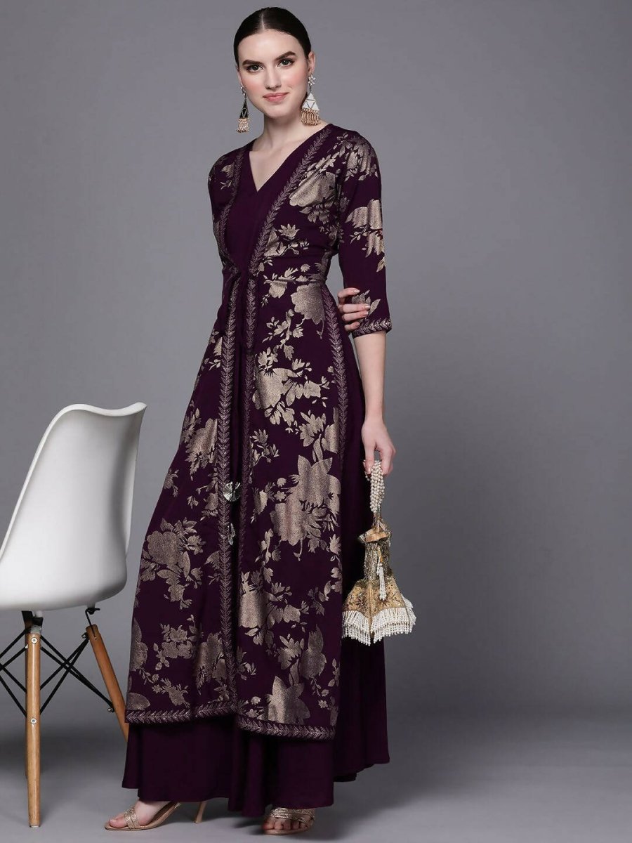 Ahalyaa Women Burgundy Floral Fit & Flare Maxi Ethnic Dress | Swadesiicart