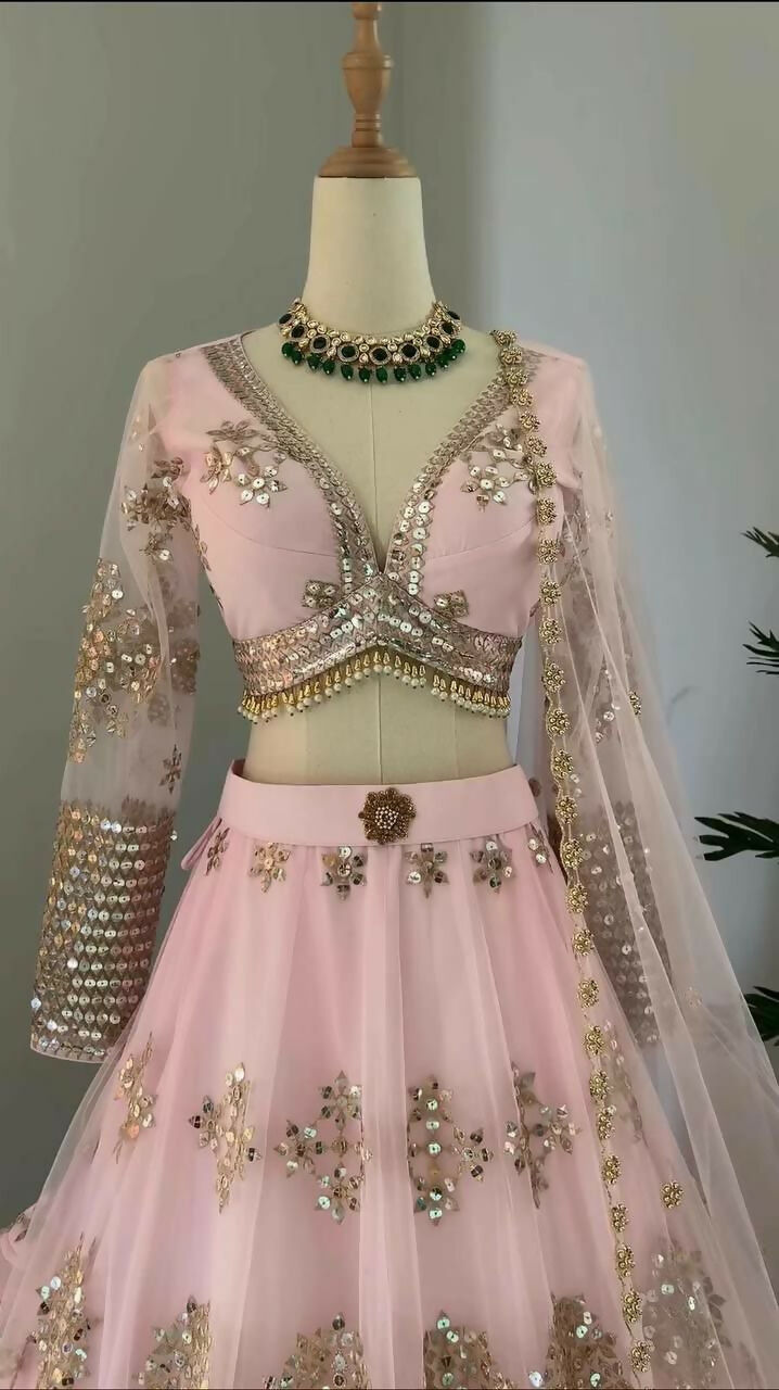 Jyoti Fashion Women's Baby Pink Butterfly Net 9MM Sequins with Thread Embroidered Designer Lehenga Choli Set | Swadesiicart