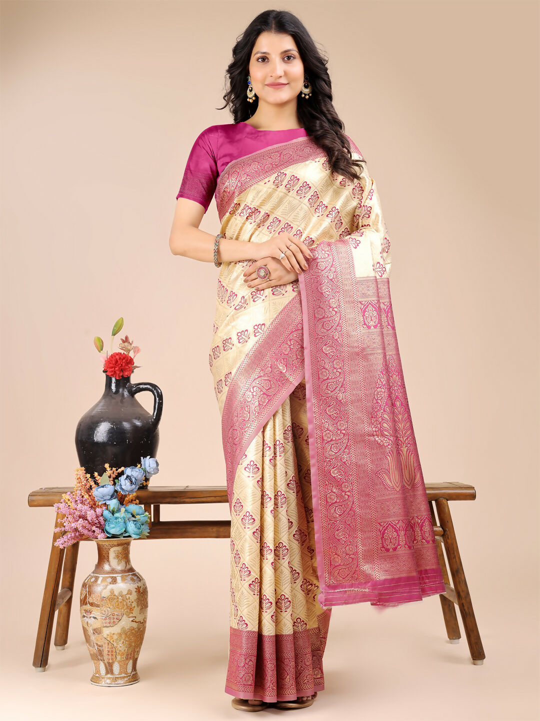 Astita Aura Silk Cream Magenta Banarasi Silk Saree | Swadesiicart