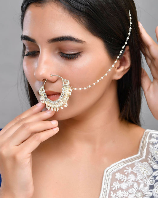 VOJ Gold-Polished With Pearl Indian Nose Pin | Swadesiicart
