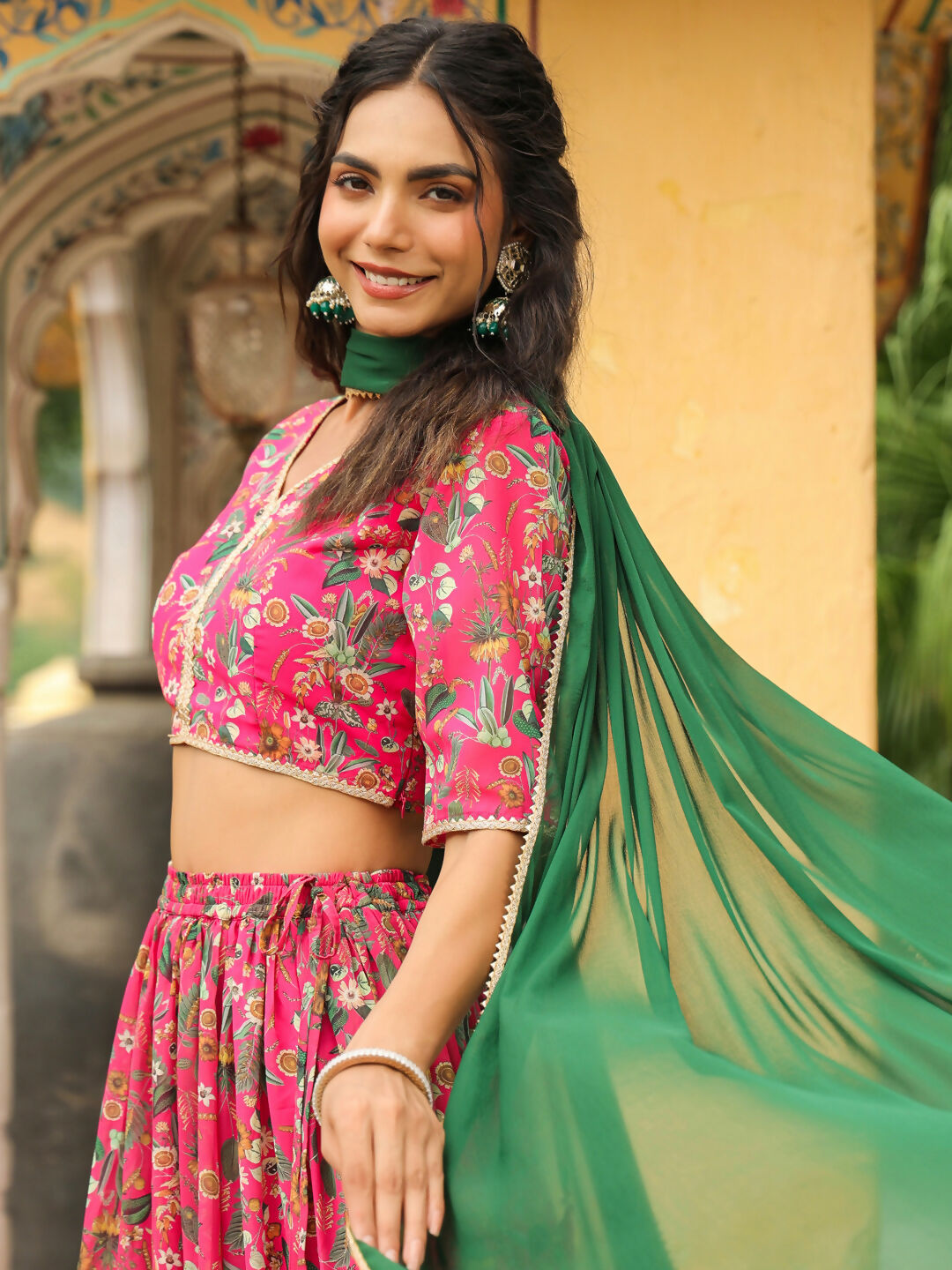 Janasya Pink Georgette Floral Lehenga Choli Dupatta | Swadesiicart