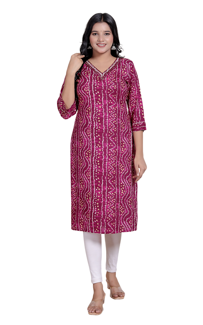 Miravan Womens Magenta Bandhej Printed Rayon Kurti - Swadesiicart