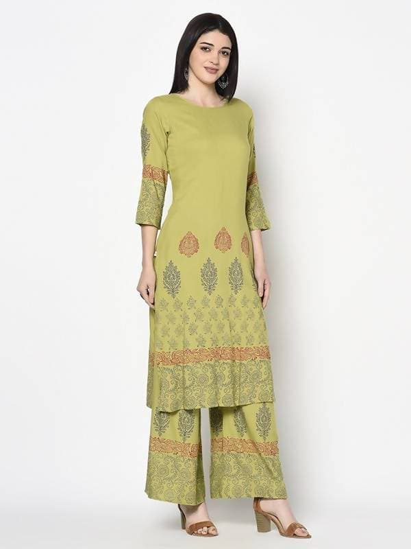 Aniyah Rayon Parrot Green Color Block Print Straight Kurta (AN-198K) - Swadesiicart