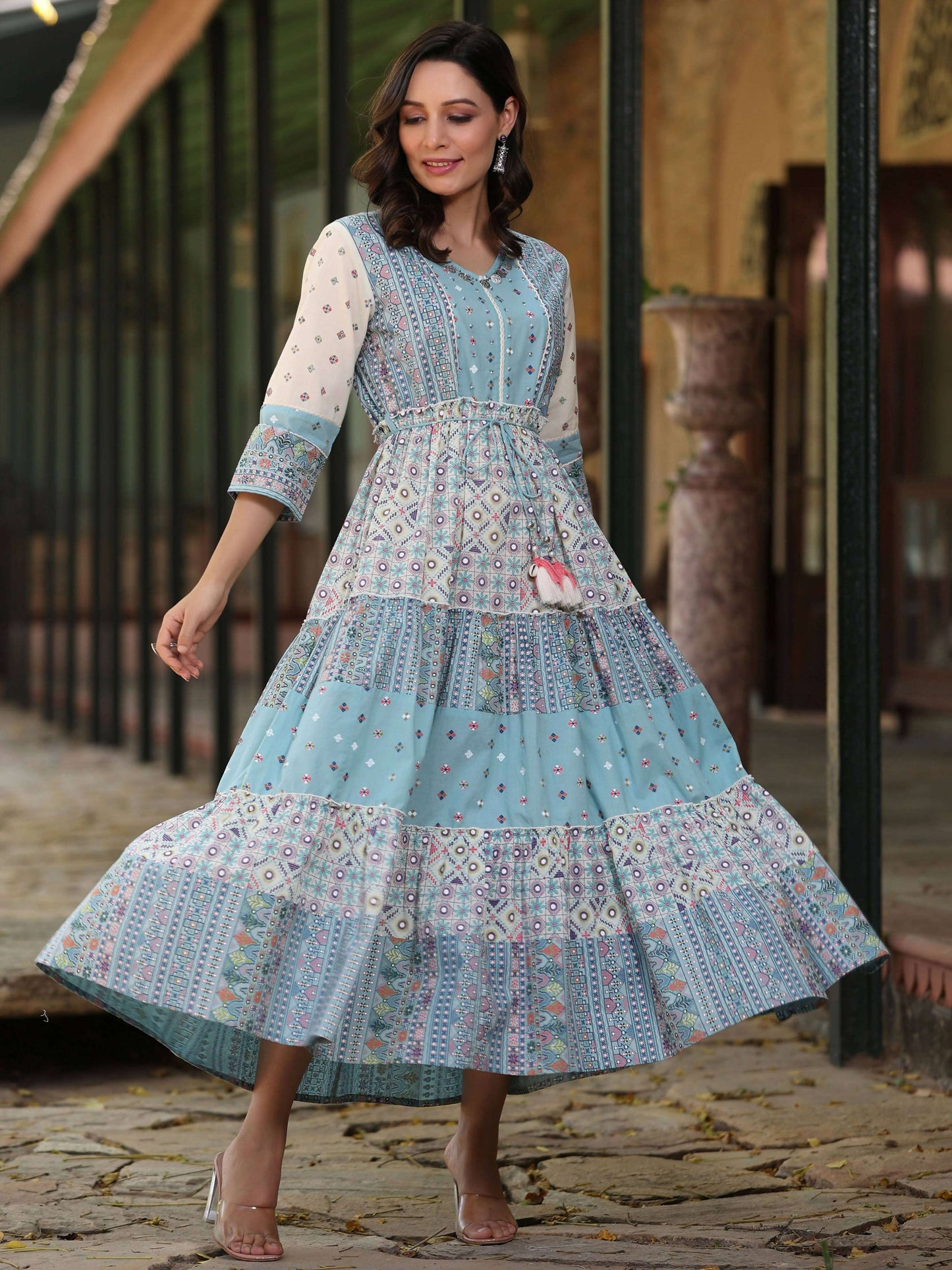 Juniper Women's Blue Cotton Cambric Geometric Printed Tiered Maxi Dress | Swadesiicart