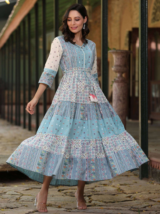 Juniper Women's Blue Cotton Cambric Geometric Printed Tiered Maxi Dress | Swadesiicart