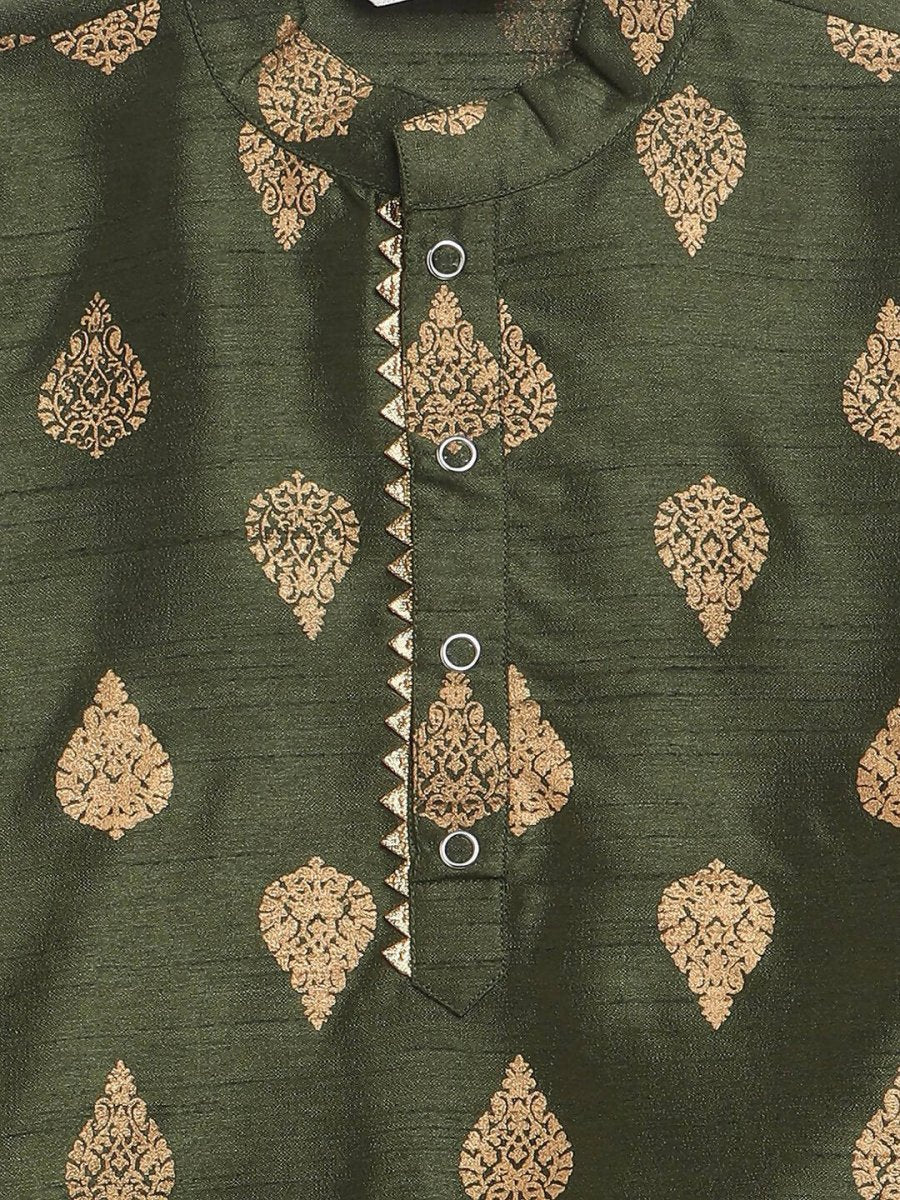 Ahalyaa Green Poly Silk Gold Print Kids Kurta Churidar Set For Boys | Swadesiicart
