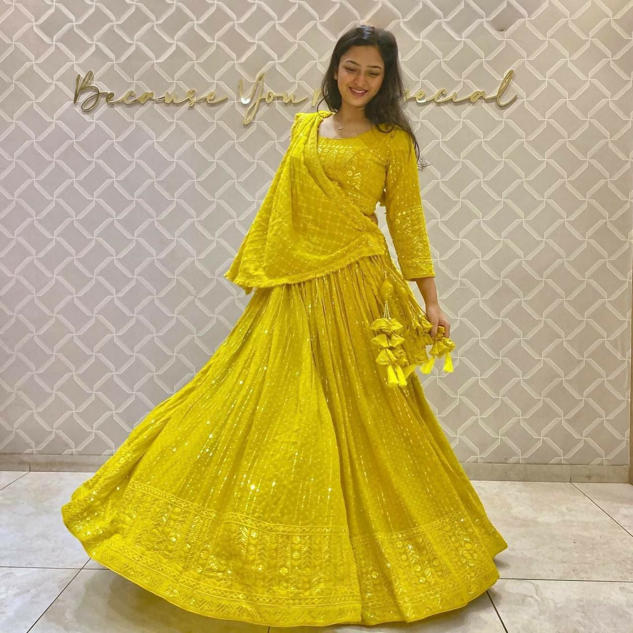 Jyoti Fashion Women's Yellow Faux Georgette 3MM Sequins Embroidered Designer Lehenga Choli Set | Swadesiicart