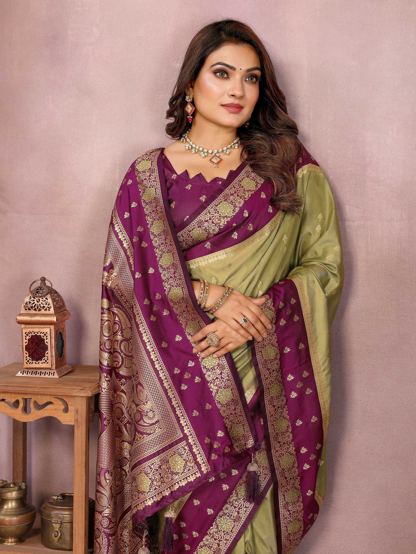 Aastha Fashion Mehndi Kalamkari Silk Zari Woven Saree