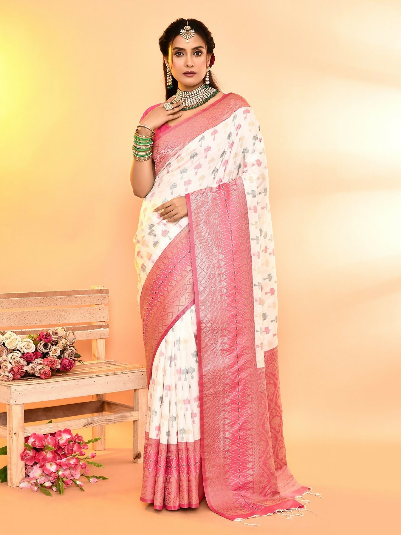 Joban Fashion White & Rani Pink Plain With Weaving Border Banarasi Silk Sarees | Swadesiicart
