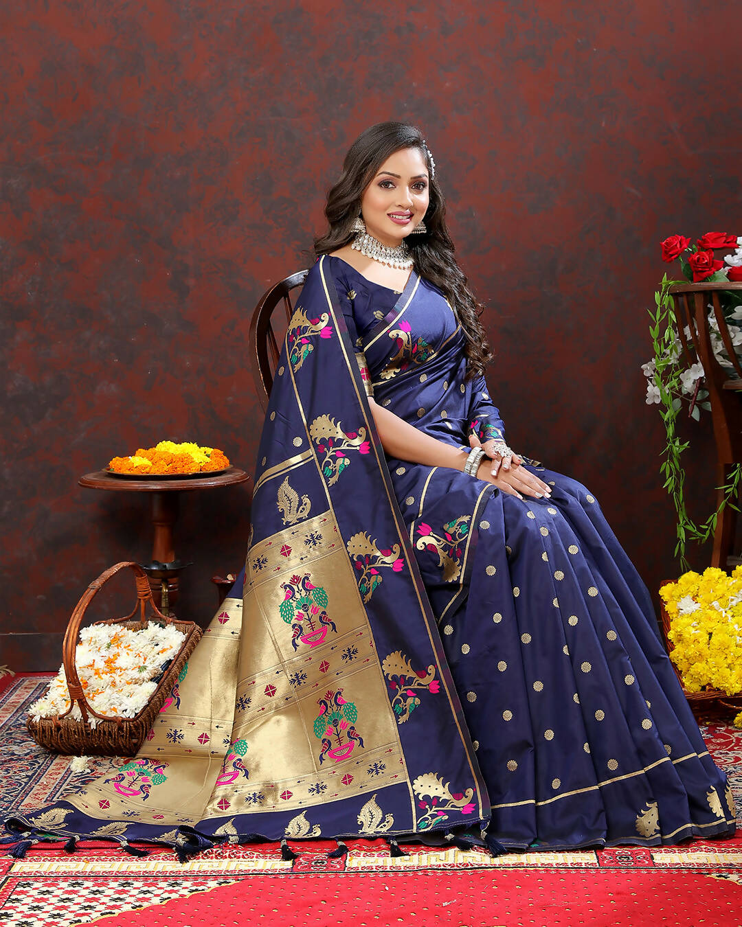 Lorenvalley Fashion Navyblue Soft Paithani Silk Woven Design Gold Zari Meenakari Weaving Saree - Swadesiicart