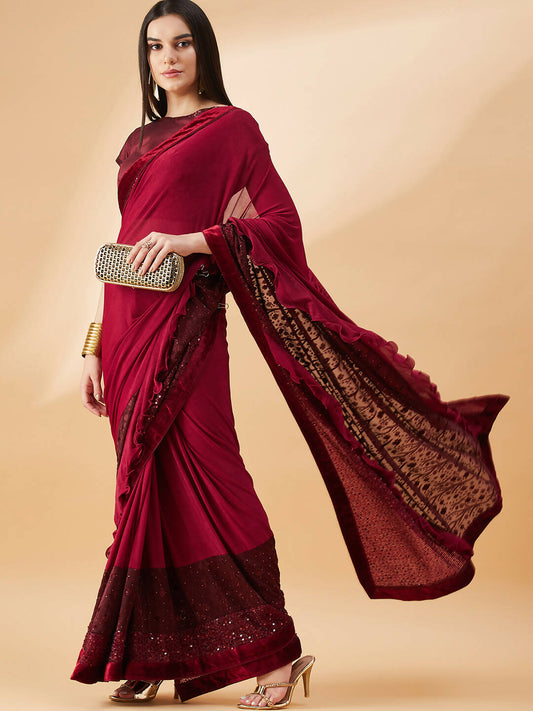 Maroon Lycra Embossed Fancy Velvet, Sequins Embroidery, Frill Details Saree - Norita Hit Design - Swadesiicart