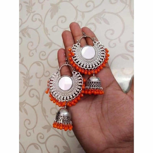 MS Fashion India Orange Color Alloy Drops And Mirror Hanging Jhumka Chandbali Earrings | Swadesiicart