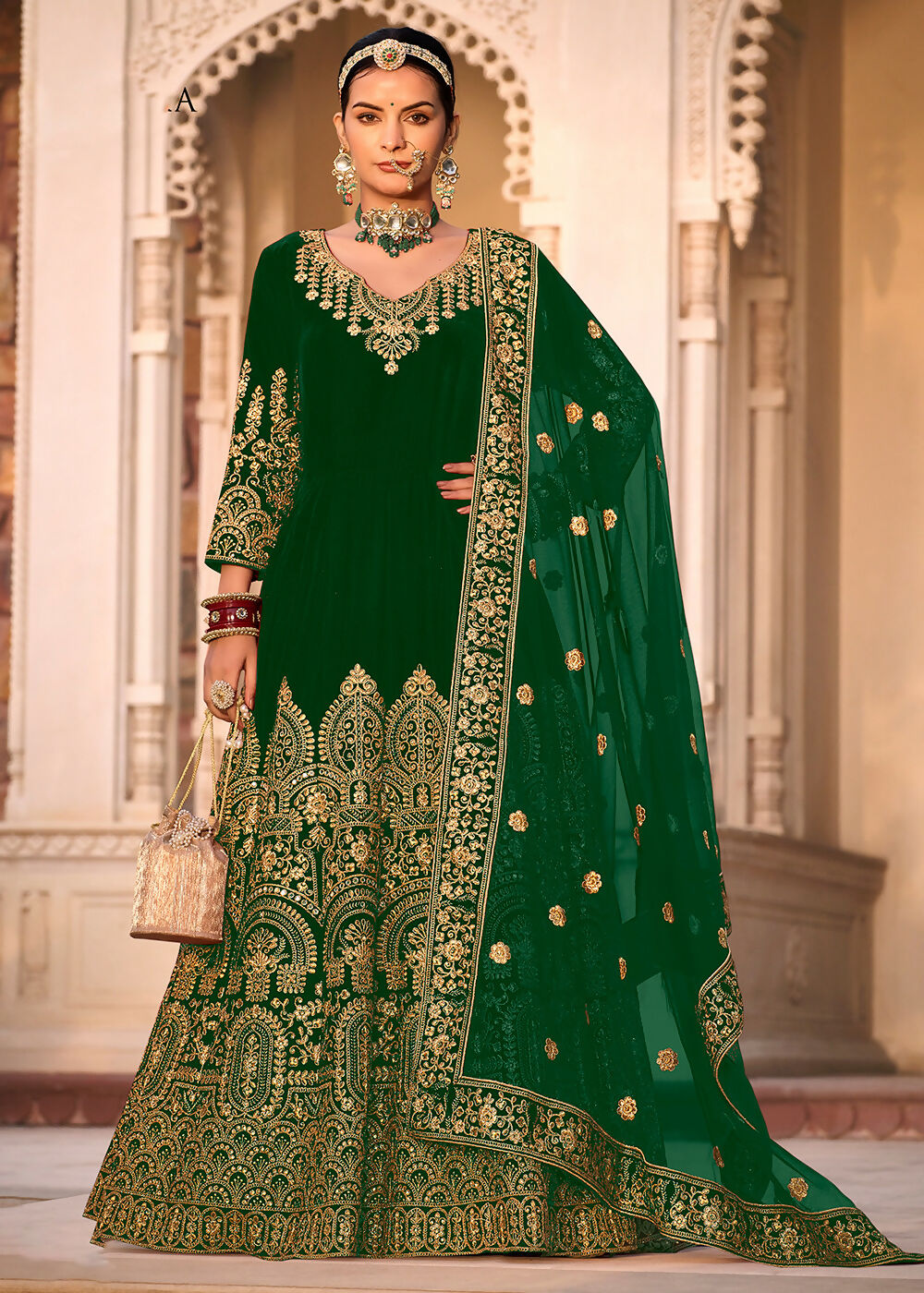 Green Velvet Front & Back Embroidery Wedding Anarkali Suit - Emponline | Swadesiicart