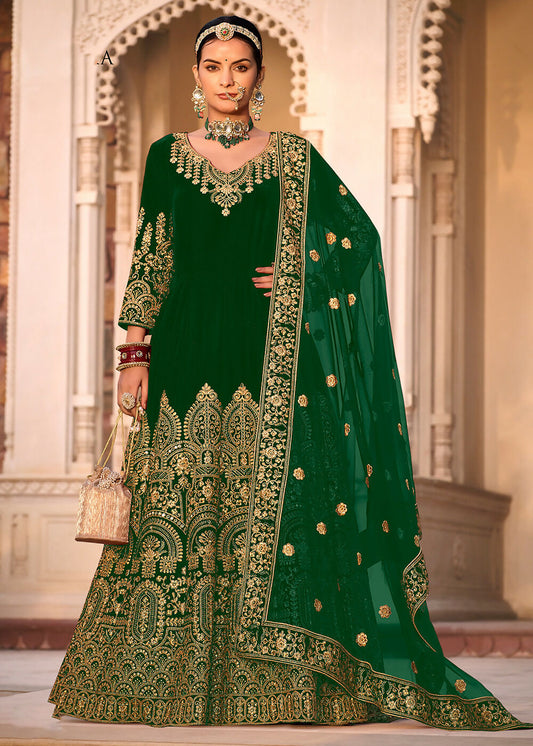 Green Velvet Front & Back Embroidery Wedding Anarkali Suit - Emponline | Swadesiicart