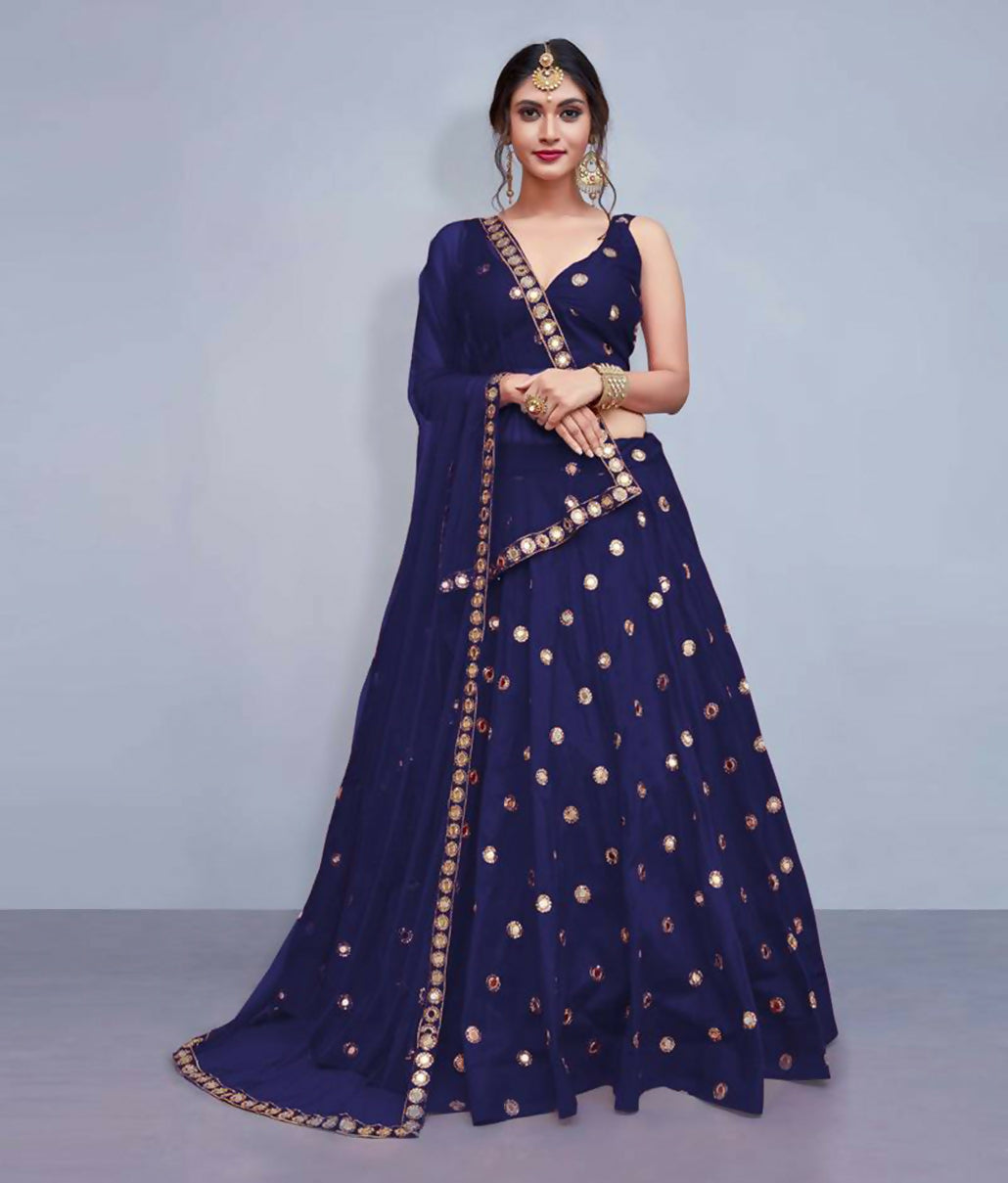 Jyoti Fashion Beautiful Navy Blue Embroidered with Mirror work Art Silk Party Wear Lehenga Choli with Dupatta | Swadesiicart