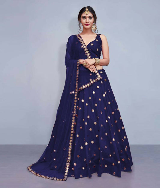 Jyoti Fashion Beautiful Navy Blue Embroidered with Mirror work Art Silk Party Wear Lehenga Choli with Dupatta | Swadesiicart