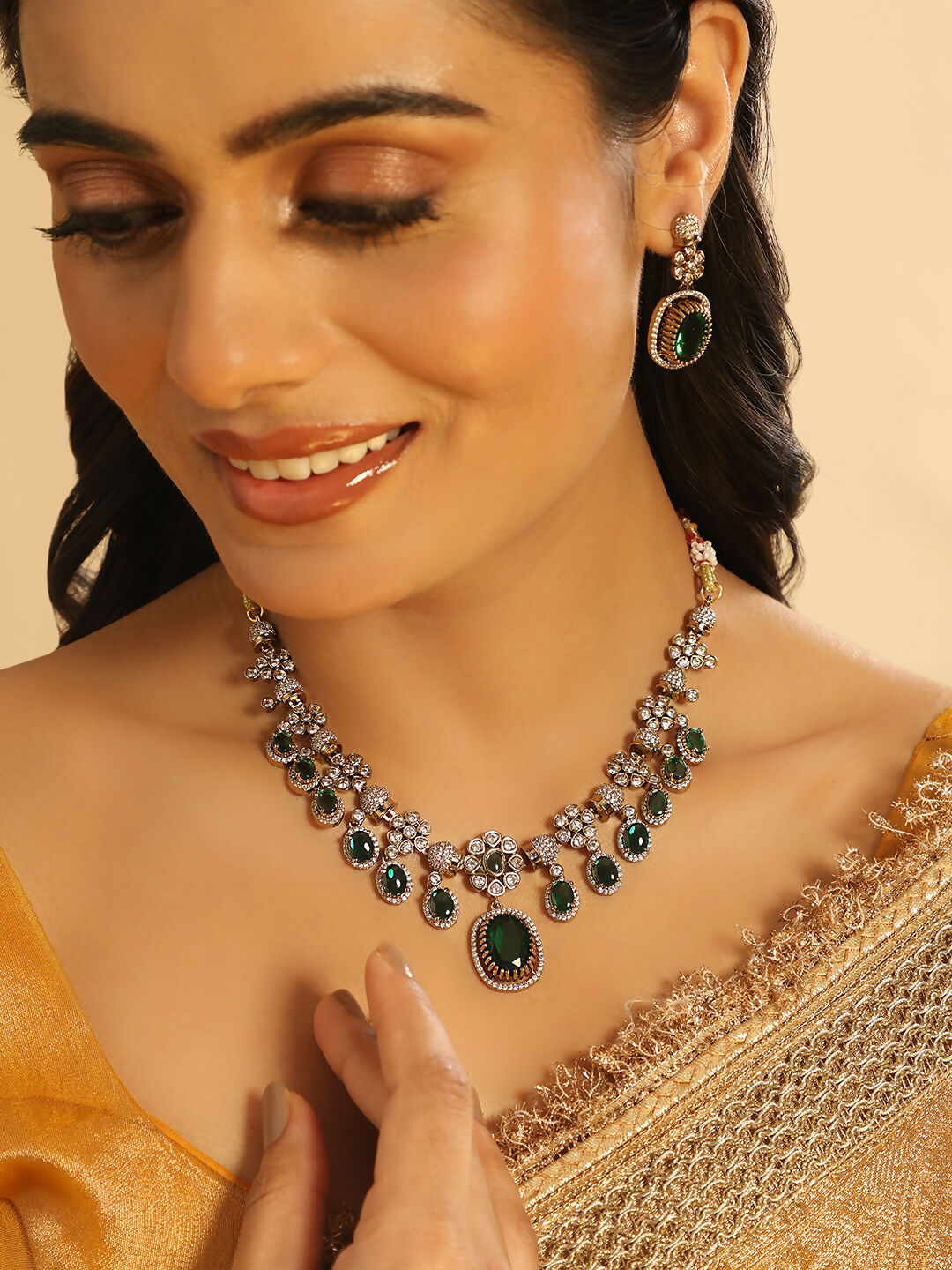 Nuyug 18K Gold Plated Emerald Blossom Necklace Set | Swadesiicart
