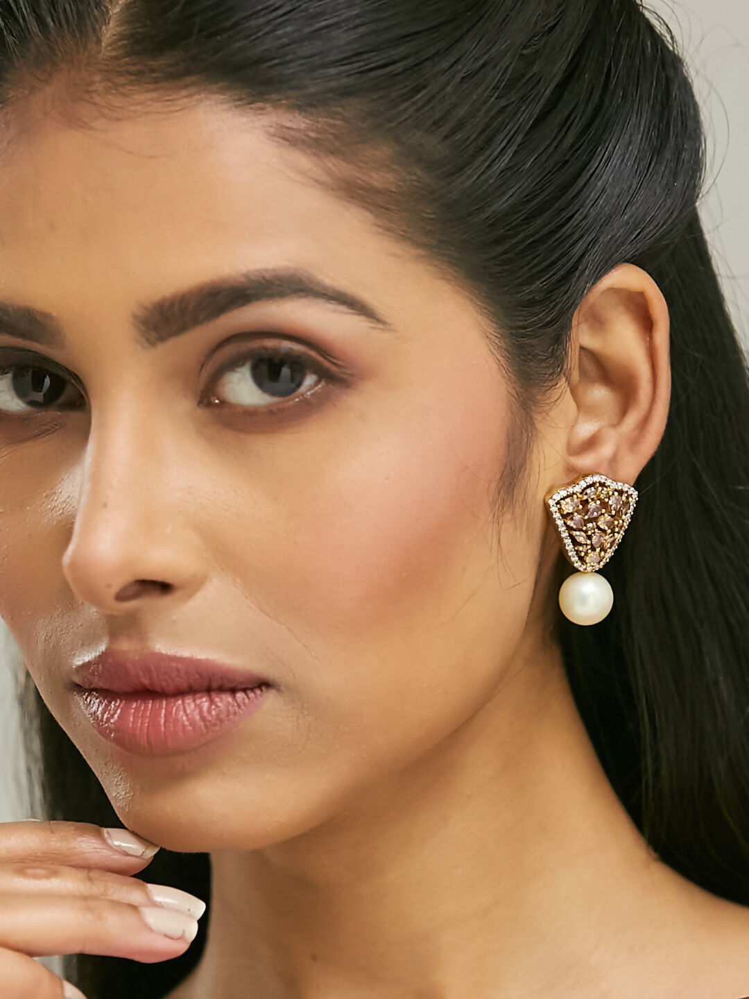 Nuyug 22K Gold-Plated Elegant Zircon Stone Studded & Pearls Drop Stud Earrings | Swadesiicart