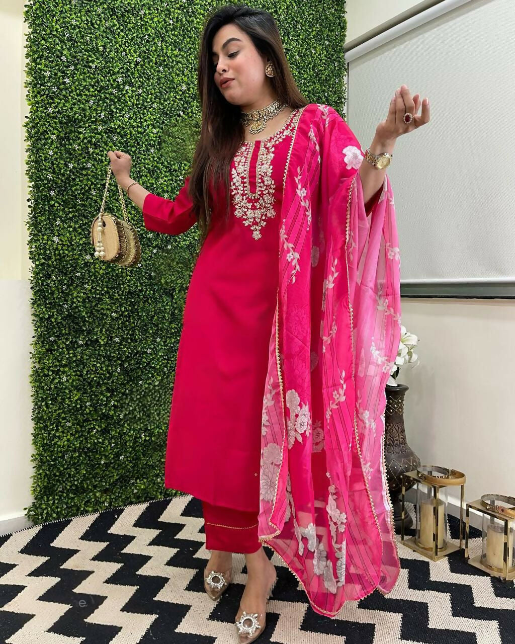 The52 Rani Women's Beautiful Viscose Chanderi Fabric Embroidered Work Straight Kurta Pant and Dupatta Set - Swadesiicart
