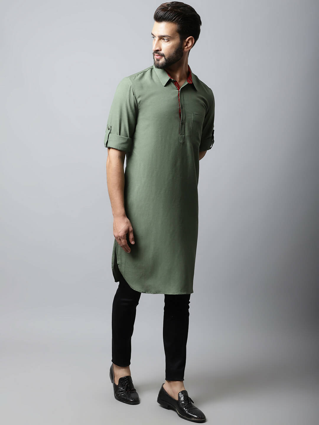 Even Apparels Green Color Linen Solid Men's Kurta With Shirt Collar (LN944) | Swadesiicart