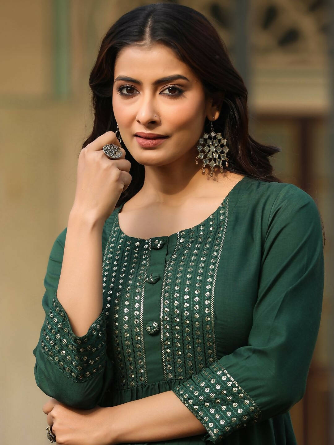 Juniper Women's Green Festive Embroiderd Flared Dress | Swadesiicart