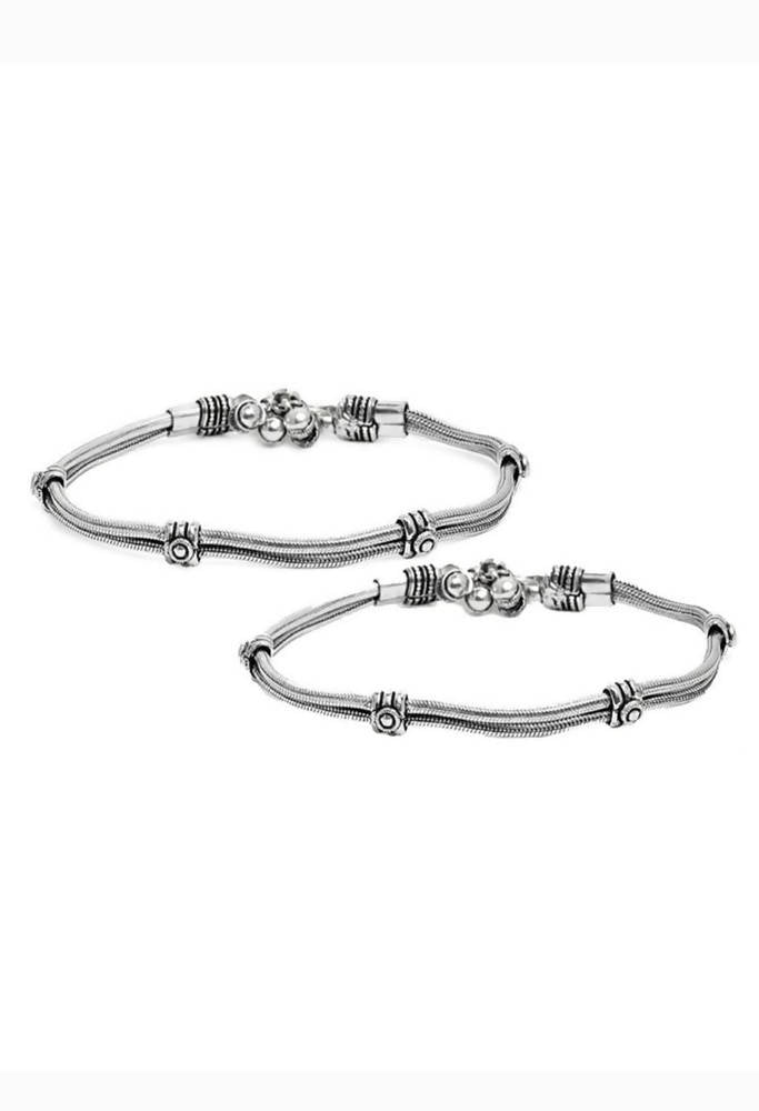 Mominos Fashion Kamal Johar Oxidised Silver Double Lined Anklets | Swadesiicart