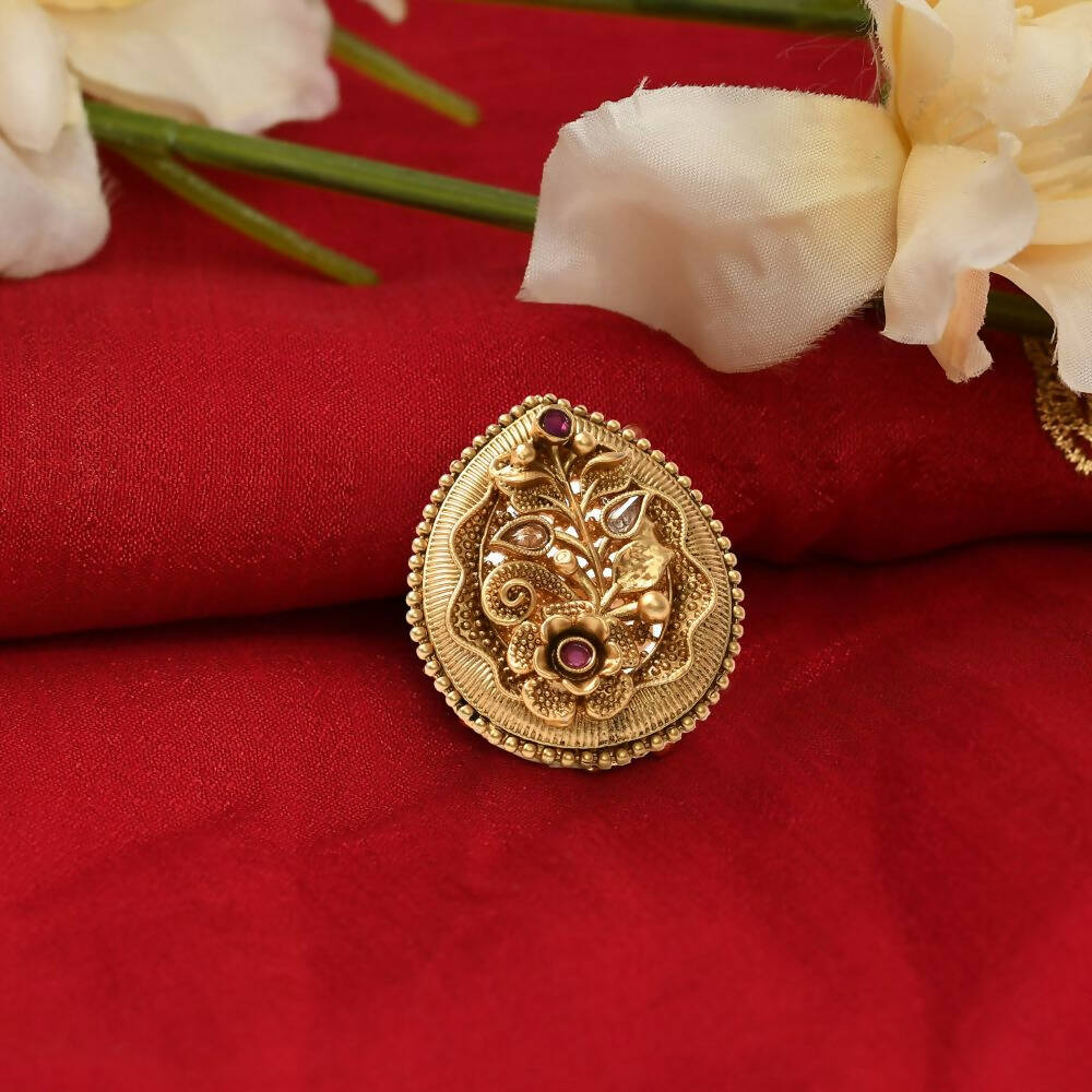 Mominos Fashion Joharkamal Gold-Polished Stone Studded Adjustable Finger Ring - Design 07 | Swadesiicart