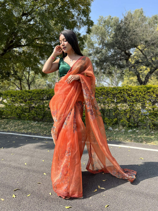Vamsee Firozi Orange Organza Saree - Swadesiicart