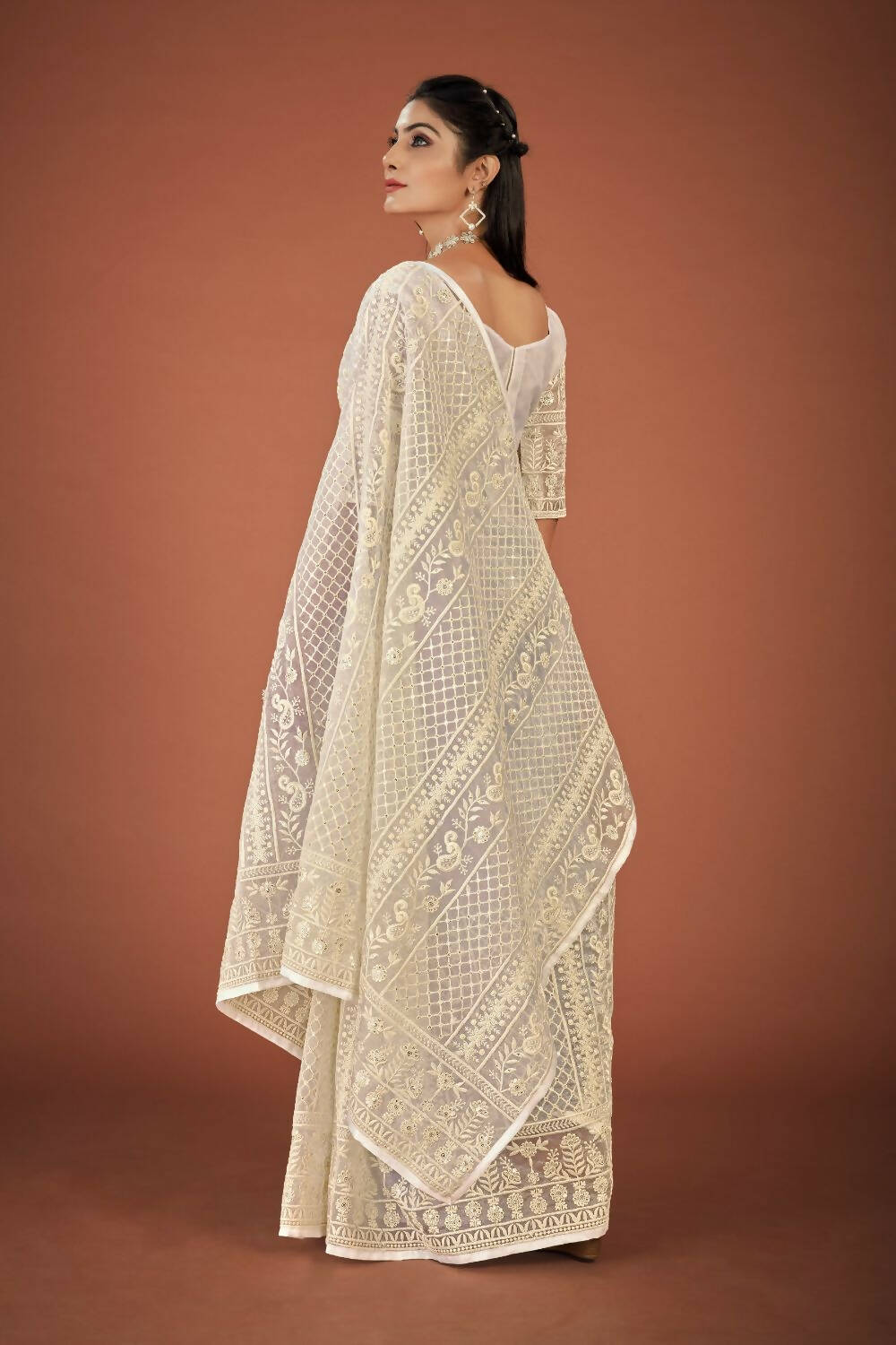 Vamsee White Organza Saree - Swadesiicart